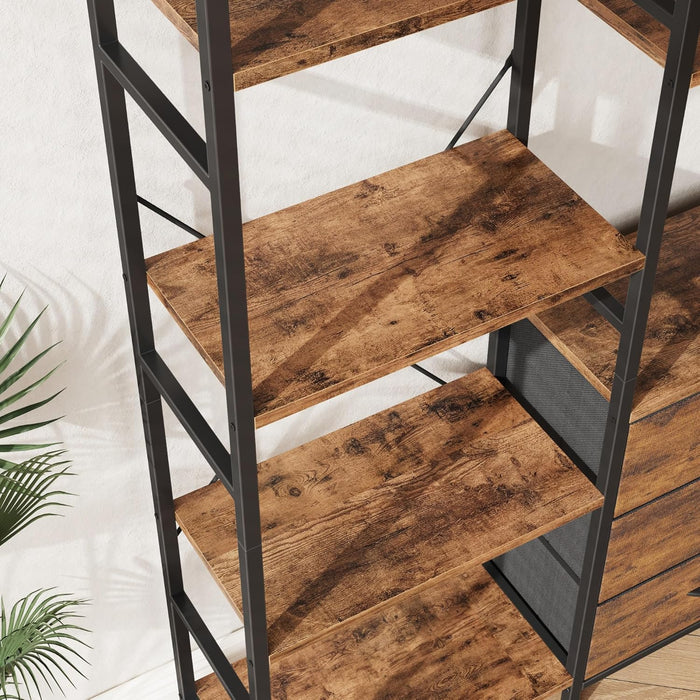 Triple Bookshelf with 3 Fabric Drawers, 4-Tier Book Shelf and 10 Display Shelves, Industrial Large Bookcase for Home & Office, Rustic Brown, 47'' Wide