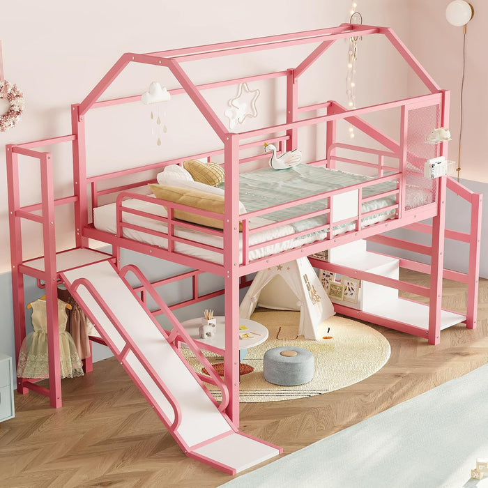Twin Size Metal Loft Bed With UnderbedStorageShelves