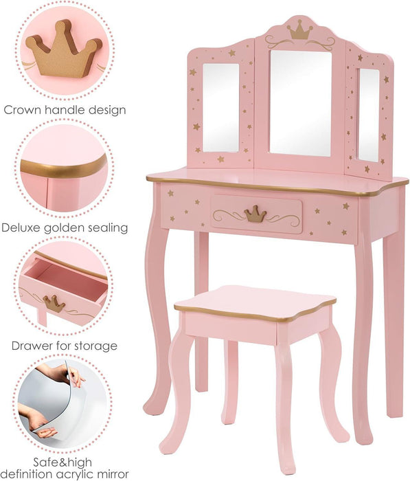 Kids Vanity Set with Mirror and Stool, Kids Make up Vanity Desk with Mirrror for Little Girls, Children Makeup Dressing Table with Drawer, Pink