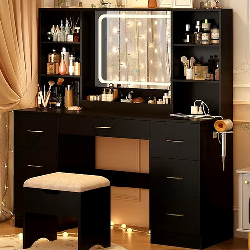 47" Large Vanity Desk with Mirror and Lights, LED Black Vanity Set with Stool and Power Outlet, Lighted Make up Vanity Desk