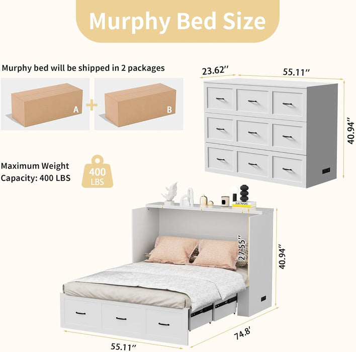 Full Size Murphy Bed with Charging Station and Drawer Farmhouse Cabinet Wood Space-Saving Hidden Folding Platform Bed Chest for Home Office Bedroom Guest Room Apartment,White