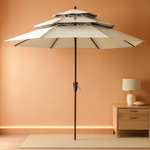 11Ft 3 Tiers Market Umbrella, Outdoor Table Umbrella for for Patio, Deck, Backyard (Light Beige)