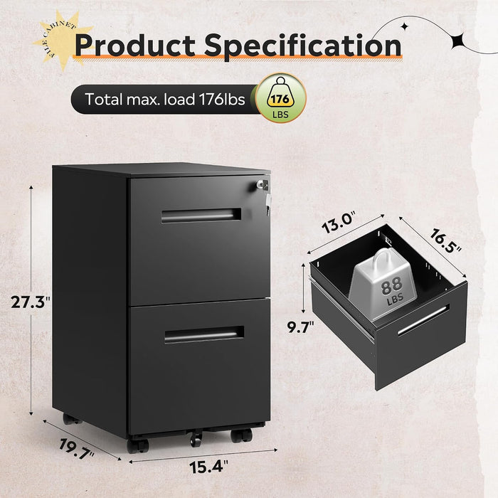 2 Drawer Metal File Cabinet with Lock, Fully Assembled
