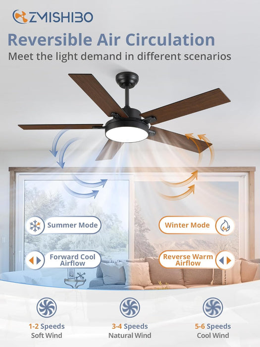 52 Inch Ceiling Fans with Lights, Smart Remote/App Control, Modern Ceiling Fan with 6 Speeds & 3CCT, Dimmable 30W LED, Quiet DC Motor, Noiseless for Living Room, Bedroom, Kitchen, Black