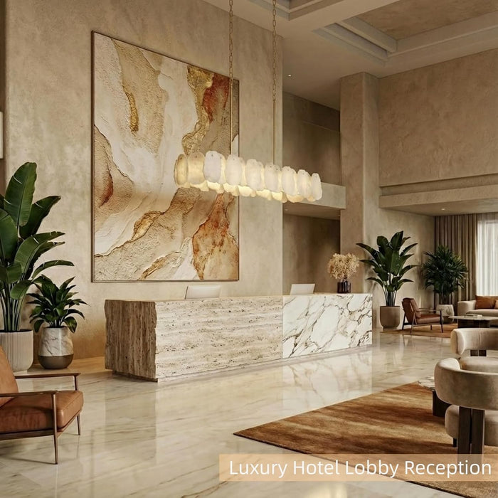 Alabaster Chandelier, 58 Inch Modern Rectangular Chandelier for Dining Room, Dimmable Linear Chandeliers for Kitchen Island, Natural Spanish Marble Stone Chandeliers for Dining Table, Living Room