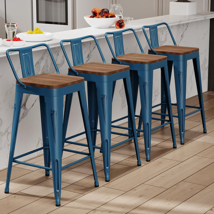 24" Metal Bar Stools Set of 4 Counter Height Barstools, Industrial Counter Stool Kitchen Bar Chairs with Modern Wooden Seat, Distressed Navy