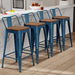 24" Metal Bar Stools Set of 4 Counter Height Barstools, Industrial Counter Stool Kitchen Bar Chairs with Modern Wooden Seat, Distressed Navy