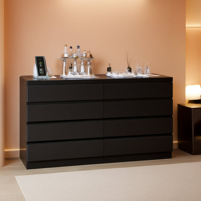 White Eight Drawer Dresser Featuring Electrical Outlet