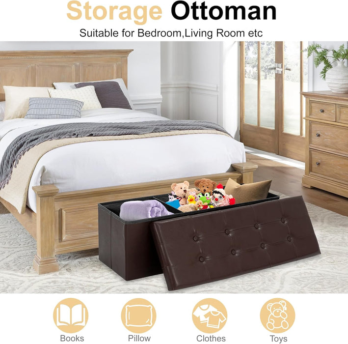 43 Inches Folding Storage Ottoman Bench, PU Leather Storage Chest, Footrest Padded Seat for Bedroom and Hallway, Holds up to 660 Lbs, Brown