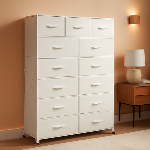 Tall Dresser for Bedroom with 13 Drawers, Storage Dresser Organizer Unit, Fabric Dresser for Bedroom, Closet, Chest of Drawers with Fabric Bins, Steel Frame, Wood Top, White