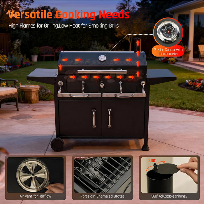 Charcoal Grills,36" Outdoor Barbecue Grill,Heavy Duty Dual-Zone Smoker Grill with 2 Lifting Charcoal Trays,Foldable Side Tables,Oversized Cooking Area for Bbq,Yard,Party
