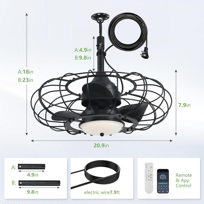 20" Black Outdoor Ceiling Fan with Light and Remote/App,3Cct 6 Speed Gazebo Fan Outdoor Hanging Hook,Ip65 Waterproof Plug in Ceiling Fan for Patios, Garage, Porch, Pergola,Canopy