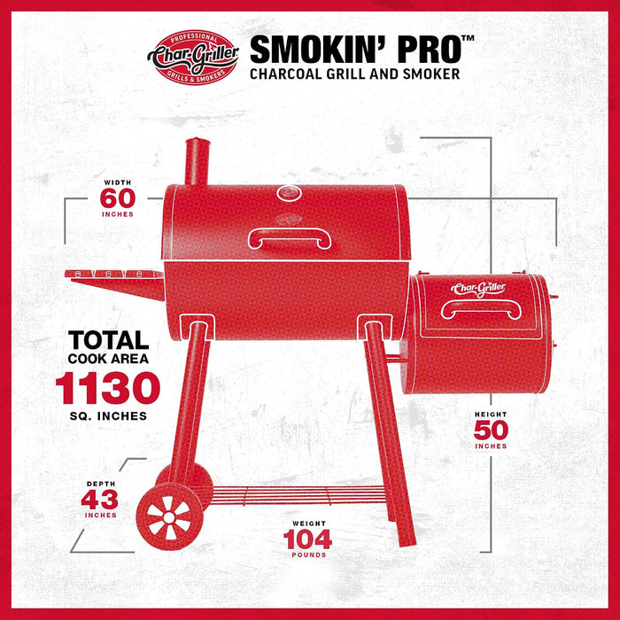®Smokin Pro Charcoal Grill and Offset Smoker with Side Fire Box, Dual Damper Control, Chrome Plated Steel Warming Rack, 1,130 Cooking Square Inches in Black, Model CG30044223
