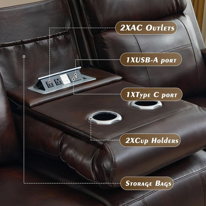 Power Reclining Sofa with Adjustable Headrest, Home Theater Seating with LED Light/Armrest Storage/Outlet/Side Pocket/Type-C USB, Power Loveseat Recliner Sofa for Home Theater