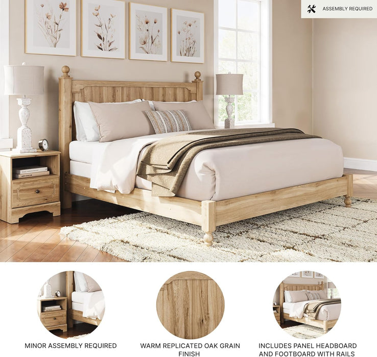 Signature Design by Ashley Galletyn Country Rustic Panel Bed, Foundation or Box Spring Needed, King, Light Brown