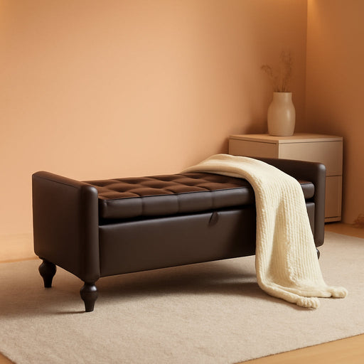 47" Storage Ottoman Bench, End of Bed Bench for Bedroom, Leather Upholstered Ottoman with Storage for Living Room, Entryway, Window (Brown)