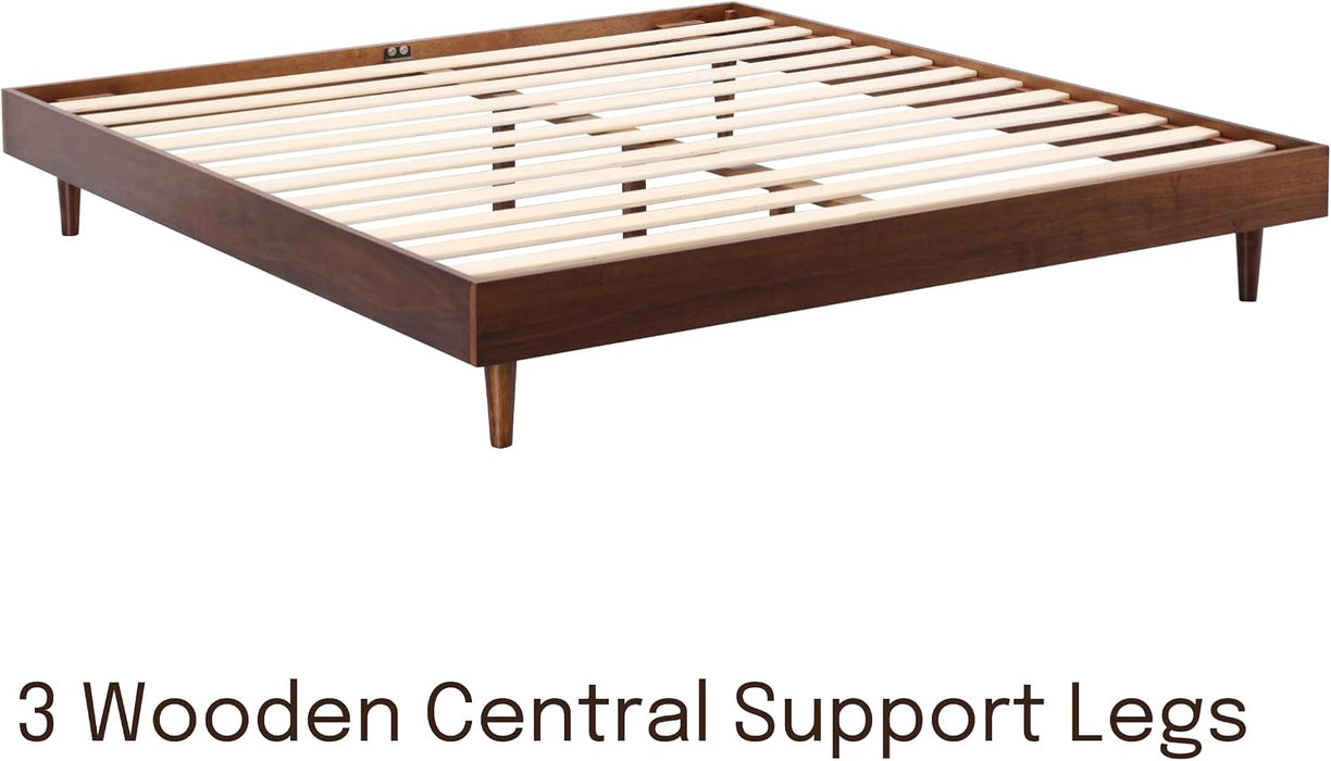Fly Wooden Bed Frame without Headboard, Crafted from Walnut, Rubber Wood with Silent Slats and Wood Central Supports, 1000 Lb Capacity, Effortless Assembly, Queen - Dark Walnut