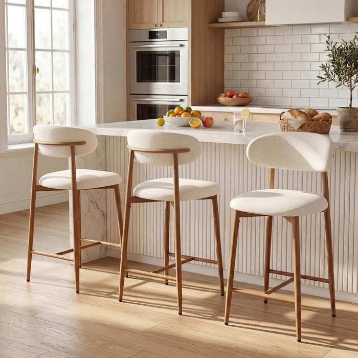 Counter Height Bar Stools Set of 3, Upholstered Counter Stools Modern Barstools with Metal Legs for Kitchen Island Dining Room, Wood-Grain