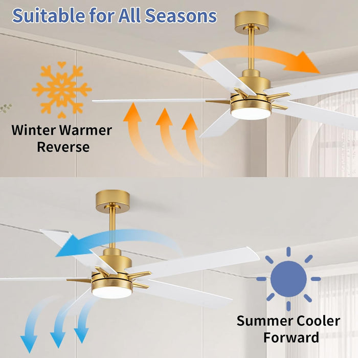 52'' Ceiling Fan with Lights and Remote, Low Profile Modern Ceiling Fan Gold, 6 Speed, Reversible, 3000K-6000K LED, Quiet DC Motor Ceiling Fans for Indoor Outdoor Bedroom Living Room