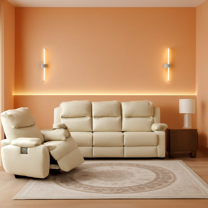 Manual Leather Sofa Recliner Set for Living Room Furniture Set,Leather Recliner Couch Set for Home/Office,Leather Reclining Sofa Set for 3-Pieces(Sofa+Loveseat+Chair) Beige