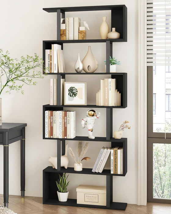 S Shaped Bookshelf, Modern Geometric Bookcase, 6-Tier Black Display Case Book Shelf