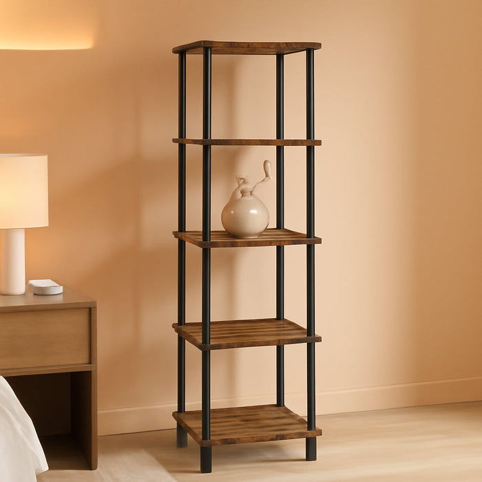 5-Tier Corner Shelf Stand, Corner Square Rack Display Shelf, Tall Storage Plant Stand, Bookcase for Small Spaces, Living Room, Home Office, Kitchen, Rustic Brown and Black BF50CJ01