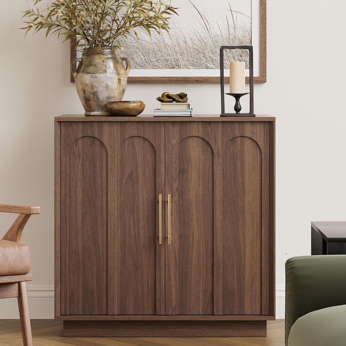 31.5" Sideboard Buffet Cabinet with Storage, Walnut | Modular Media Console, Mid Century Modern Credenza with Arched Doors for Living Room Kitchen Dining Room Entryway