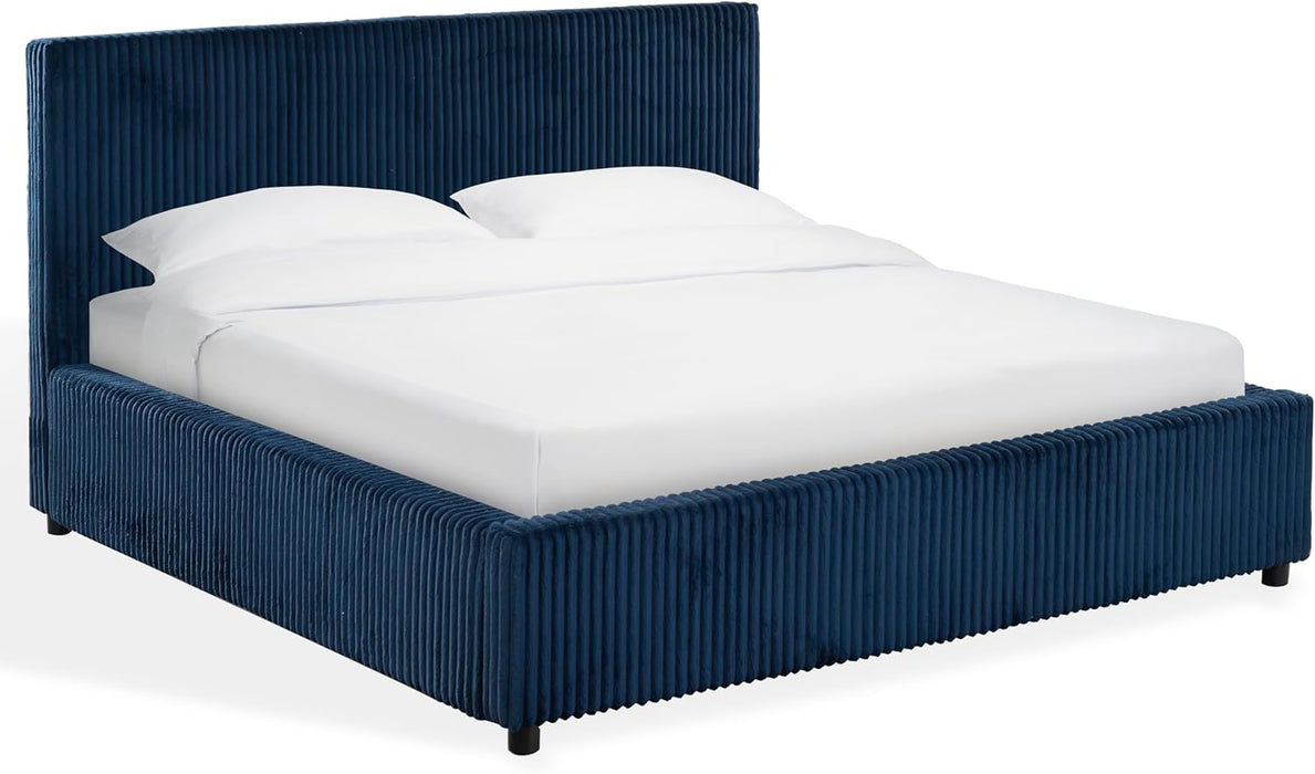 Couture Collection - Mallika Navy Corduroy Queen Bed, Channel Tufted Headboard, Plush Upholstery, No Box Spring Needed (SFV6117C-Q)