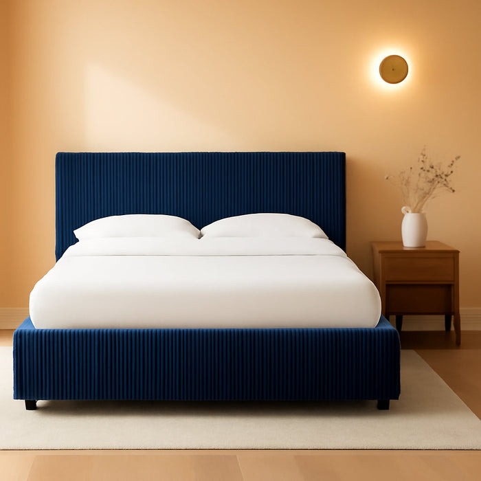 Couture Collection - Mallika Navy Corduroy Queen Bed, Channel Tufted Headboard, Plush Upholstery, No Box Spring Needed (SFV6117C-Q)