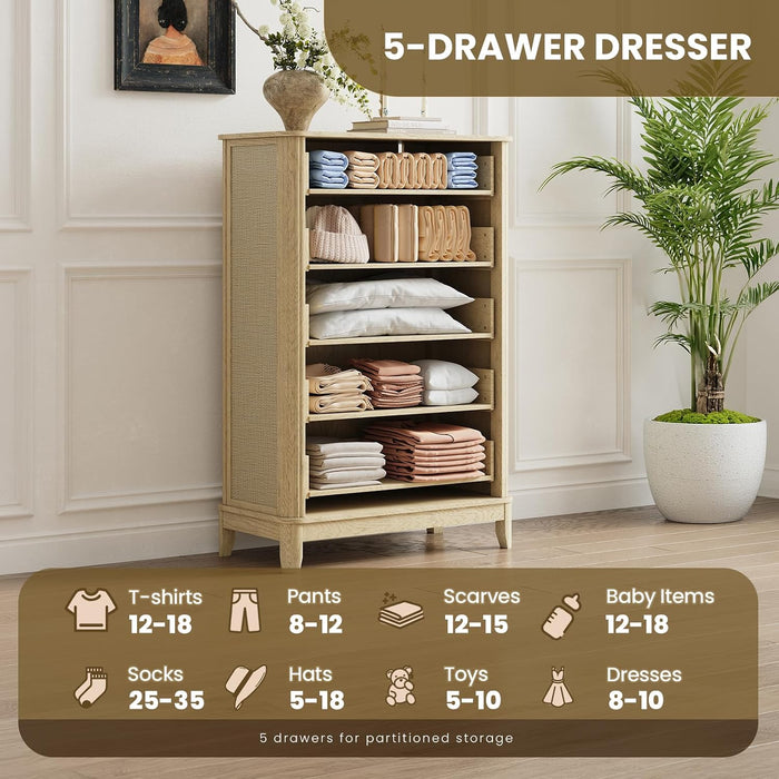 5 Drawer Dresser for Bedroom, Modern Farmhouse Chest of Drawers with Rattan Side Panels, Wooden Storage Cabinet with Metal Handles, Solid Wood Legs & Anti-Tip Kit for Living Room, Natural Wood