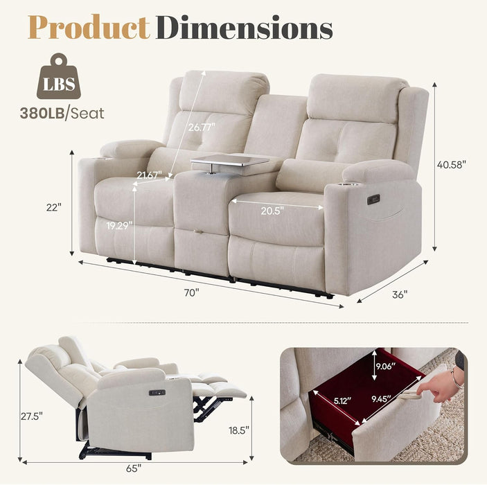 Cat-Proof Power Reclining Loveseat with Console & Drawer Storage, Loveseat Recliner with Tray Table, Electric Reclining Sofa with Heat & Massage, Extra Lumbar Pillow for Livingroom (Beige)