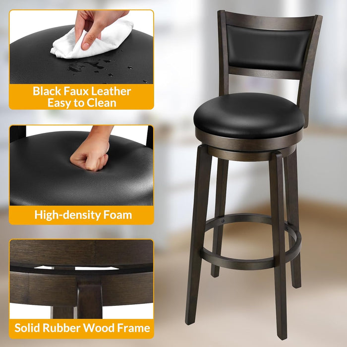 Swivel Bar Stools Set of 2, 34 Inch Extra Tall Bar Height Barstools, Black Faux Leather Bar Stool with High Backrest, Solid Wood Leg, Wrap-Around Footrest, Counter Stools for Pub