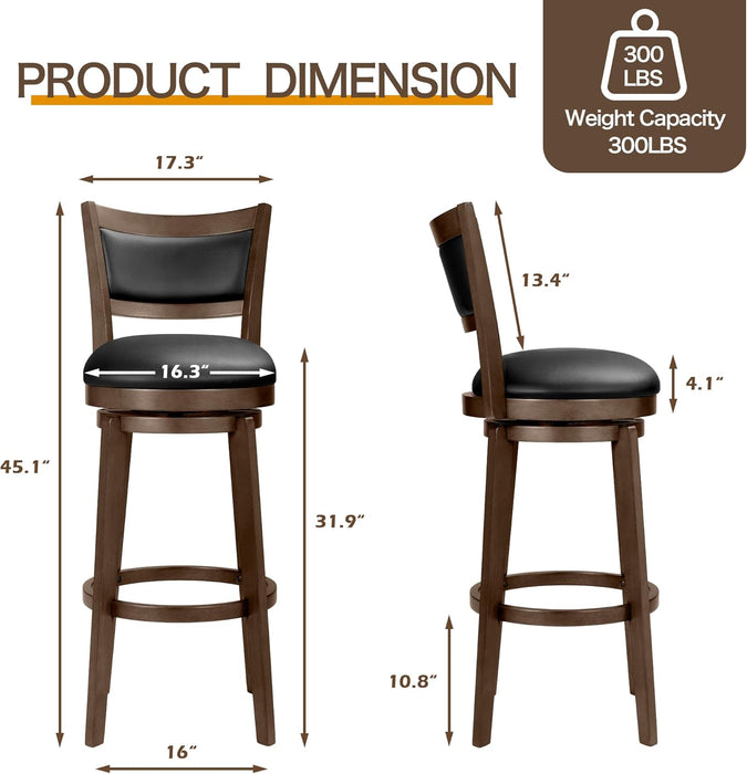32" Tall Bar Height Stools Set of 4 - High Back Swivel Barstools with Black Faux Leather Upholstered Seat & Solid Wood Footrest, Counter Bar Stool for Kitchen Island & Pub