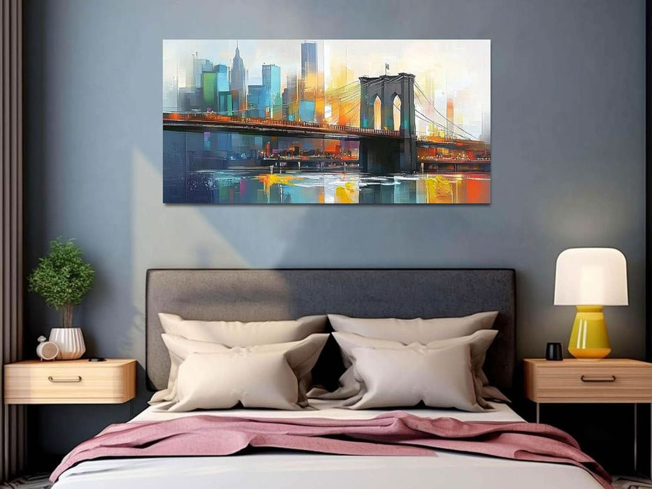 Cityscape Wall Art New York City Canvas for Living Room Painting Brooklyn Bridge Manhattan Bedroom Wall Art for Men Modern Blue Picture Grey Artwork Large Framed Home Office Wall Decor 40"X20"