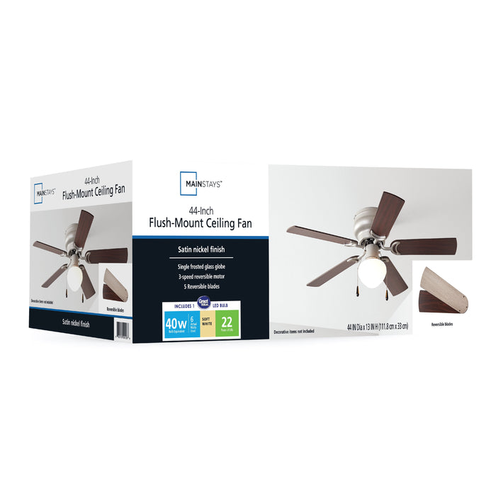 44 Inch Hugger Indoor Ceiling Fan with Light Kit, Satin Nickel, 5 Blades, Reverse Airflow