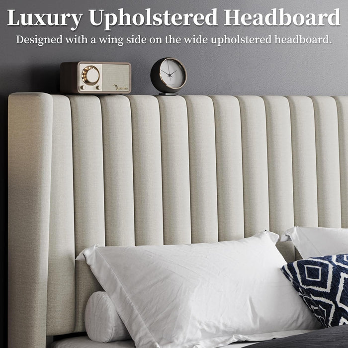 Queen Bed Frame Upholstered Platform Bed with Fabric Headboard, Wing Edge Design/Non-Slip and Noise-Free/Wooden Slats Support/No Box Spring Needed/Easy Assembly, Beige Queen Bed