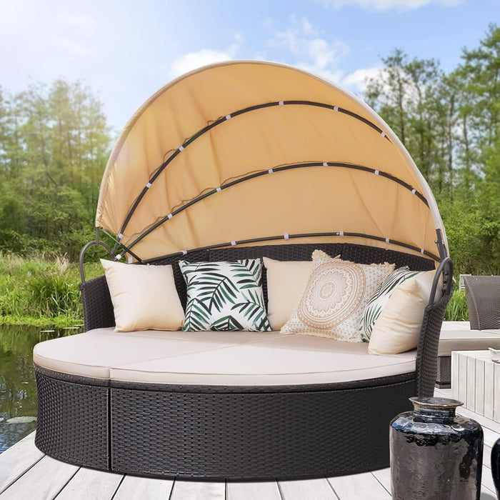 Patio Furniture round Outdoor Daybed with Retractable Canopy Wicker Rattan Sectional Sofa for Lawn Garden Backyard Pool, Beige