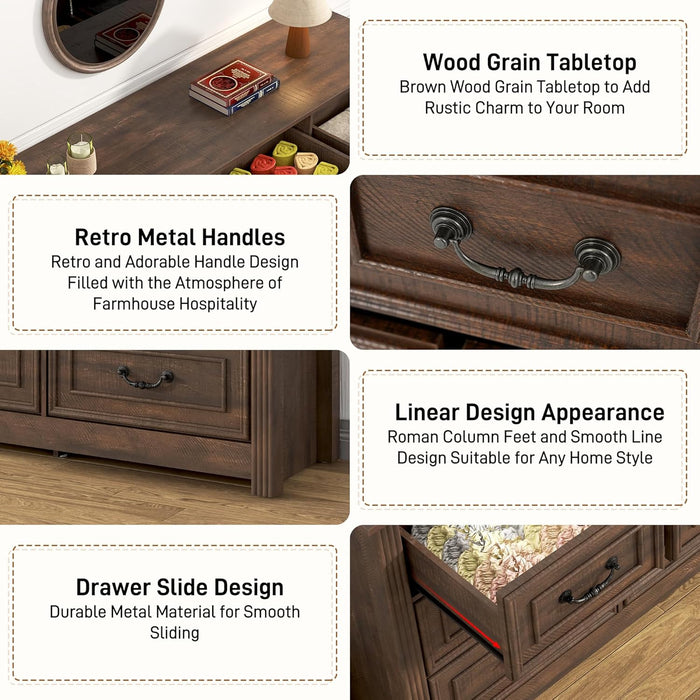 Farmhouse Dresser 12Drawer 63Inch Brown Storage Cabinet