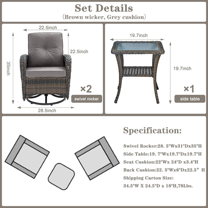 Patio Wicker Chairs Swivel Rocker - Outdoor Swivel Rocking Chairs Set of 2 with Rattan Side Table, Patio Swivel Glider Chair 3 Piece Patio Furniture Sets for Patio Porch Pool Brown/Grey