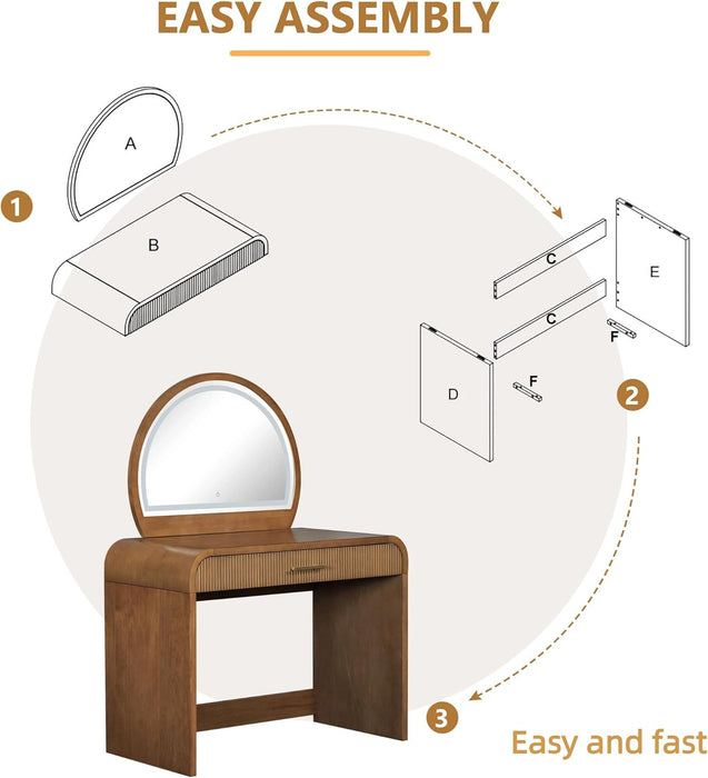 36" Fluted Vanity Desk with HD Lighted Mirror, Rubber Wood Modern Vanity Desk with Drawer & Mobile Mirror, 2-In-1 Dressing Table for Bedroom, Espresso