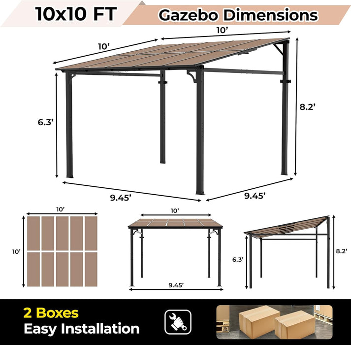 10' X 10' Lean to Gazebo, Hard Top Outdoor Pergola with Roof, Gazebos Pergola on Clearance, Large Wall Mounted Heavy Duty Awnings for Patio, Backyard, Deck, Porch