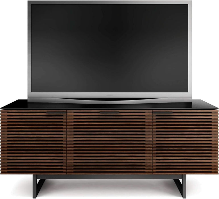 Corridor 8177-65'' TV Stand for Tvs up to 70" with Soundbar Shelf, Storage Drawer, Cable Management, Remote-Friendly Louver Doors, Satin-Etched Glass Top, Chocolate Stained Walnut