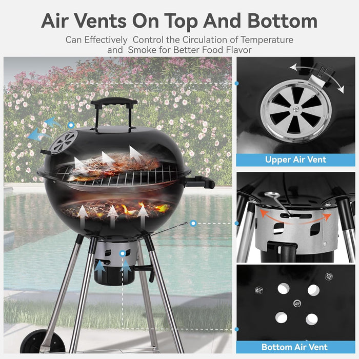 18 Inch Kettle Charcoal BBQ Grill with Wheels, Portable Charcoal Grill with Porcelain-Enameled Lid & Ash Catcher for Outdoor Cooking Barbecue Camping Picnics Tailgating, Black