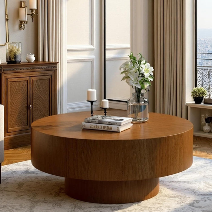 30.5In round Drum Coffee Table Modern Coffee Table with Sturdy Base Wood Circle Coffee Tables Accent Cocktail Table Center Tables for Living Room Apartment (30.51In)
