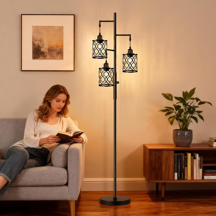Dimmable Farmhouse Floor Lamp, Industrial Floor Lamp for Living Room with 3 X 6W LED Bulbs, 3 Light Rustic Standing Tall Lamp for Bedroom, Office, 68"