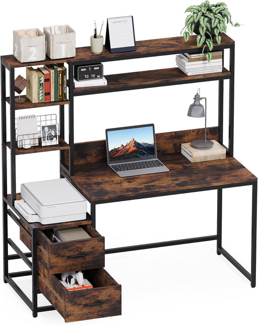 Computer Desk with Drawers and Hutch, 55" Gaming Desk with Storage Shelves, Modern Wooden Study Writing Desk for Bedroom Home Office, Brown