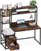 Computer Desk with Drawers and Hutch, 55" Gaming Desk with Storage Shelves, Modern Wooden Study Writing Desk for Bedroom Home Office, Brown