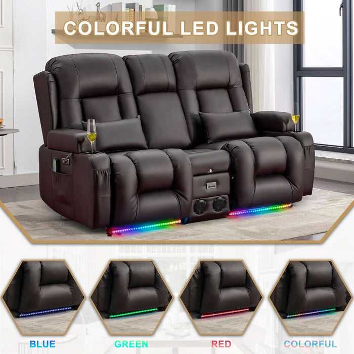Loveseat Recliner Sofa with Massage and Heat, Power Reclining Loveseat Sofa RV Couch with Console, Home Theater Seating with LED Lights, Bluetooth Speaker, USB, Outlets, Faux Leather, Dark Brown