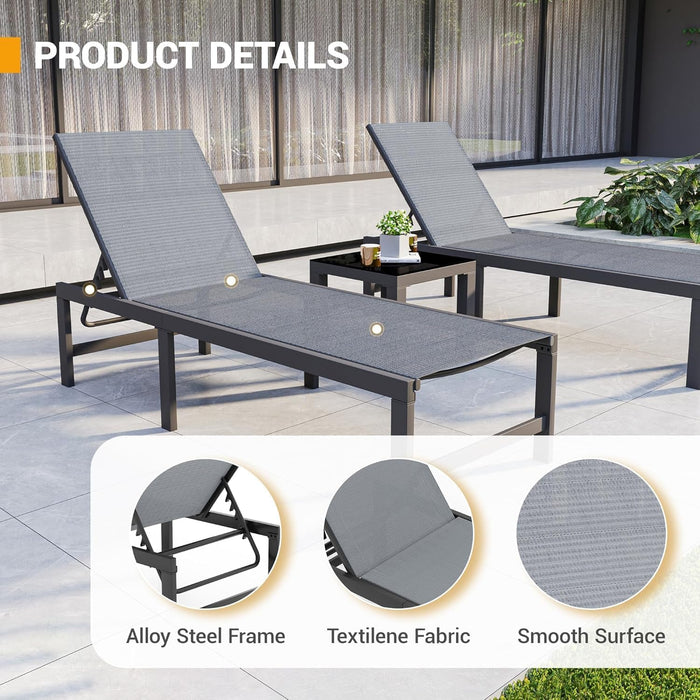Outdoor Chaise Chairs & Table 3 Pieces Pool Lounge Chair, Adjustable Poolside Sunloungers Lay Flat Sunbathing Chaise with Backrest for Patio, Beach, Yard, Pool