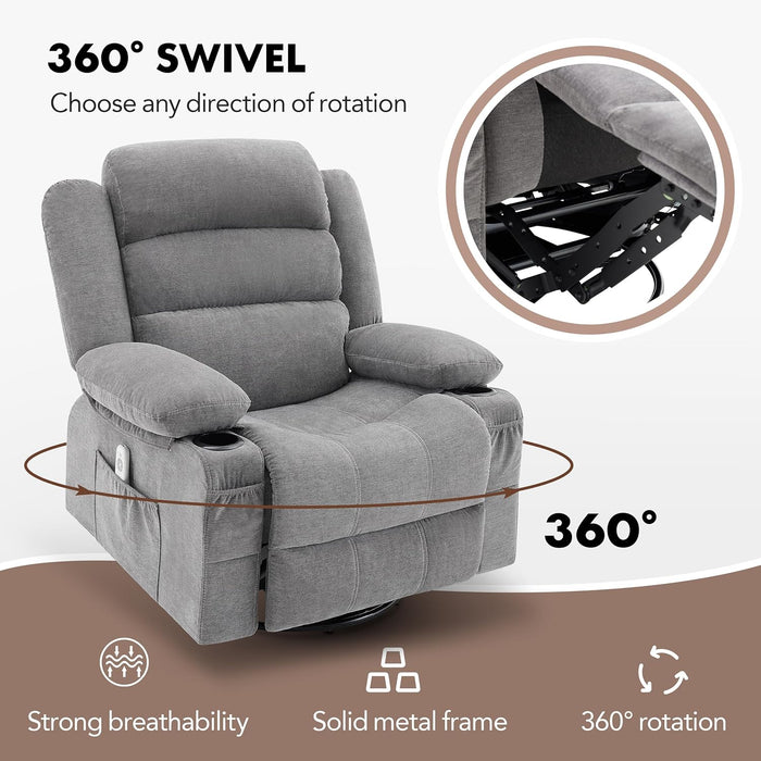 Rocker Recliner Chair with Heat and Massage, 360° Swivel Recliner Chairs for Adults, Oversized Recliner Single Sofa Seat with Cup Holders, Lazy Boy Recliner Single Sofa Seat, Grey